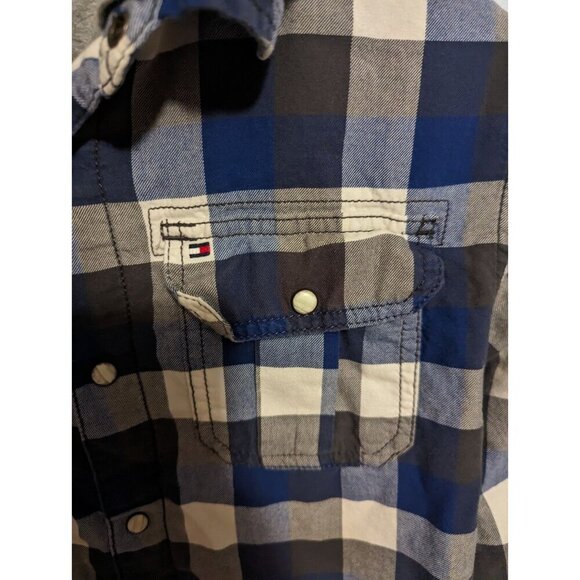 tommy hilfiger Boys Shacket Size Large (12-14) Blue Plaid Hooded Pearl Snaps - Picture 6 of 13